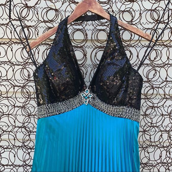 Y2K Mori Lee beaded sequin halter prom dress maxi gown teal black 5/6 - Picture 2 of 13